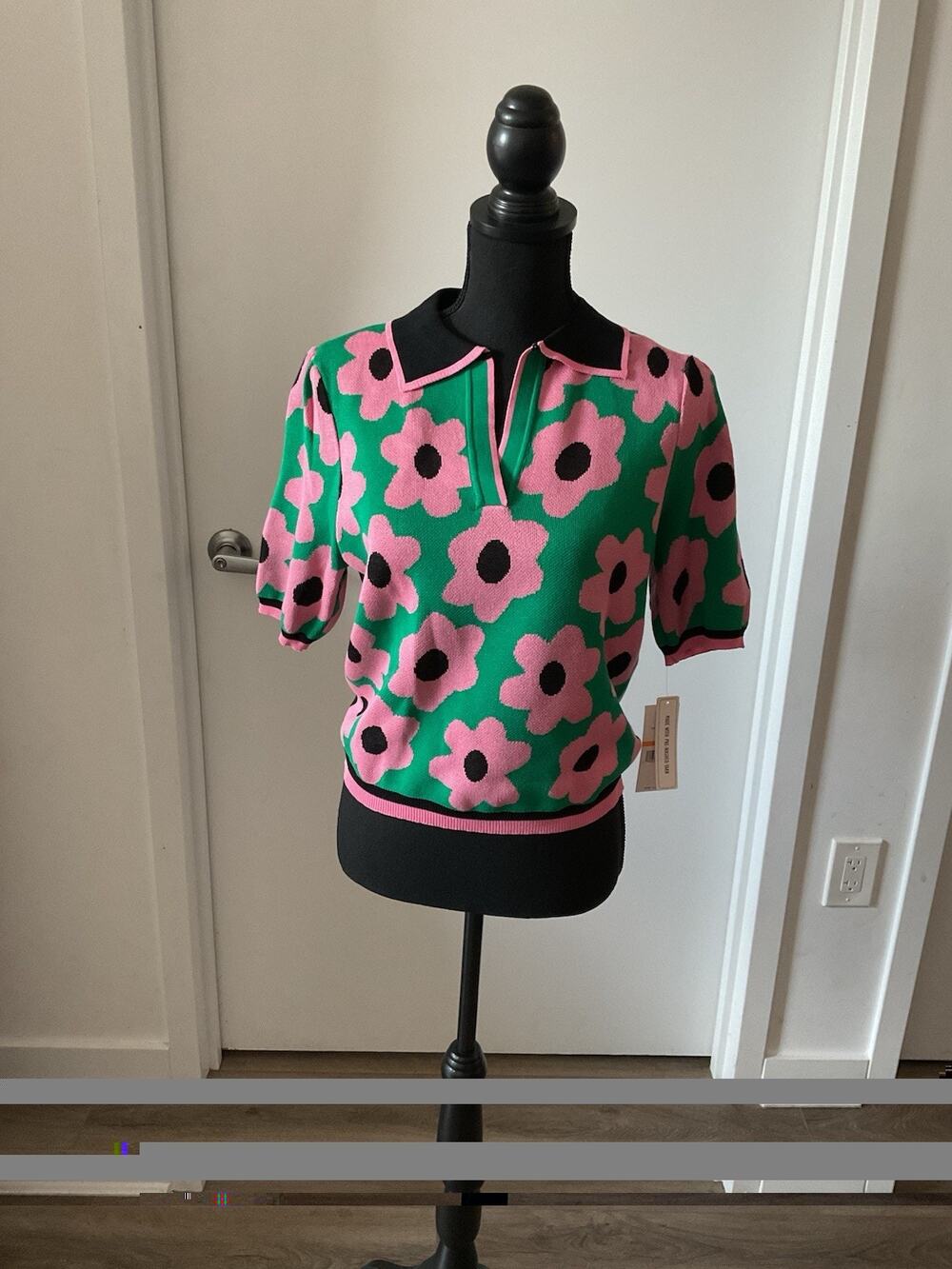 Nanette Lepore Flower Polo Sweater NWT Green Pink Retro Mod Floral Short Sleeve